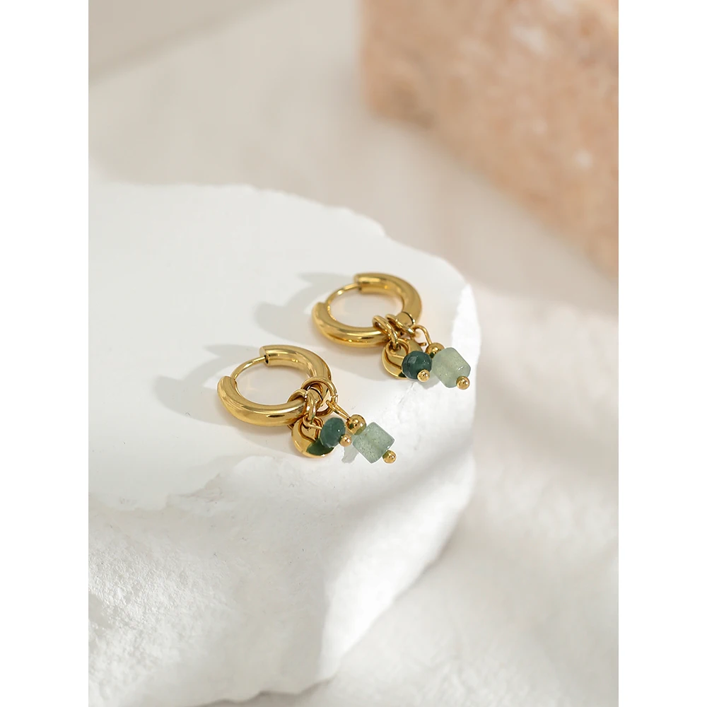 YACHAN 18K Gold Plated Stainless Steel Hoop Earrings for Women Vintage Green Natural Stone Charms Trendy Waterproof Jewelry - Image 4