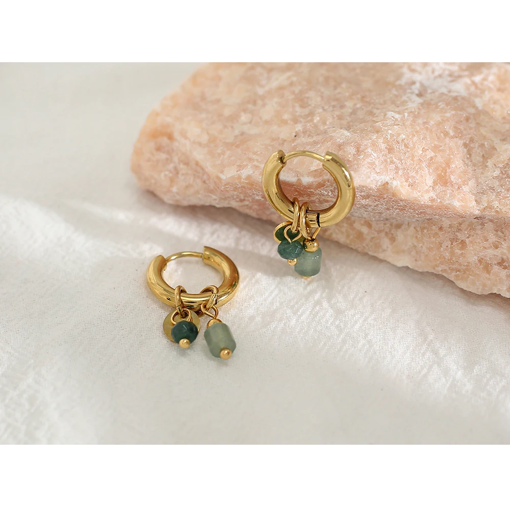 YACHAN 18K Gold Plated Stainless Steel Hoop Earrings for Women Vintage Green Natural Stone Charms Trendy Waterproof Jewelry - Image 5