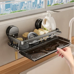 YM No-Drill Kitchen Sink Storage Rack Suction Cup Cloth Draining Rack Multifunctional Wall-Mounted Sink Shelf for Utensils Dishe