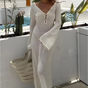 Yiiciovy Sexy Women Long Knit Beach Dress Hollow-Out Deep V-Neck Long Sleeve Bikini Cover-Ups Dress Fall Backless Holiday Dress