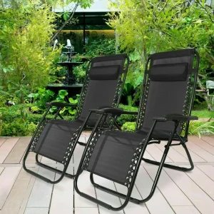 Zero Gravity Chair Set of 2 Heavy Duty Textoline Outdoor amp Garden Sunloungers Reclining amp Folding Chair with Cup Holder and