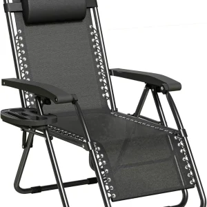 Zero Gravity Reclining Chair Set of 1-Folding Outdoor & Garden Chairs with Textilene Fabric, Cup Holder and Headrest Pillow