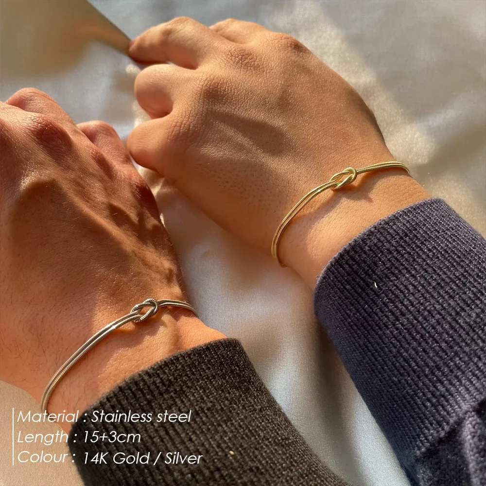 eManco Gold & Silver Stainless Steel Art Deco Knot Slim Snake Chain Bracelet Couple Social Art Jewelry - Image 2