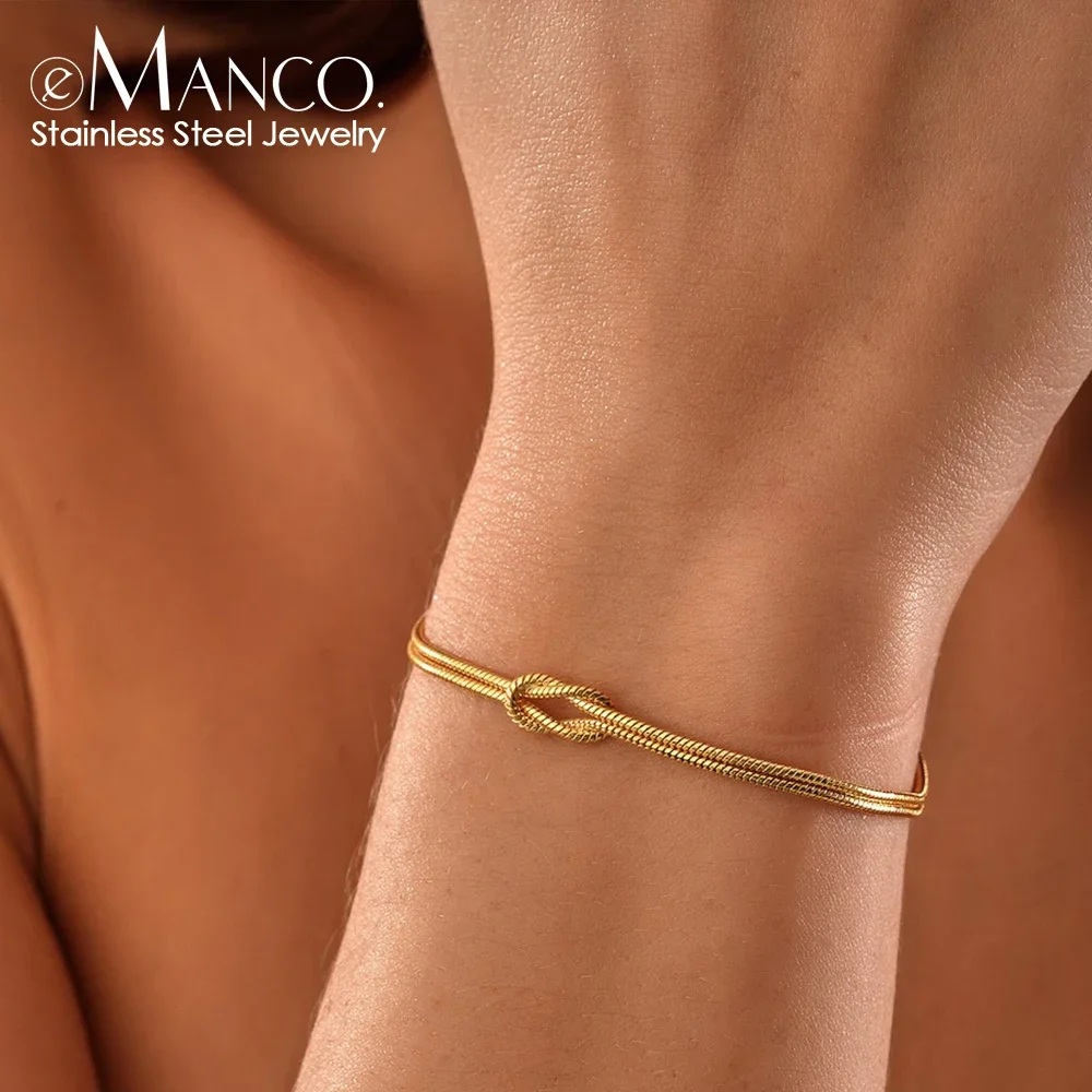 eManco Gold & Silver Stainless Steel Art Deco Knot Slim Snake Chain Bracelet Couple Social Art Jewelry - Image 3