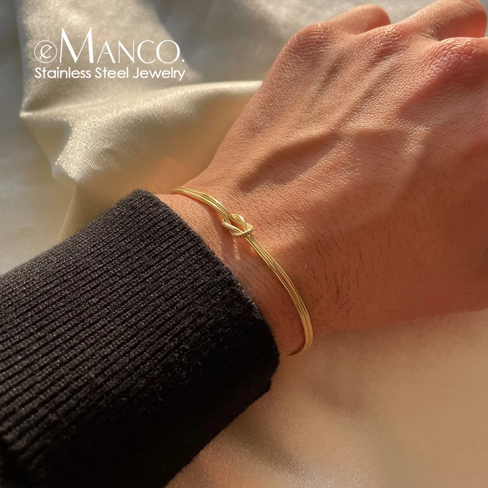 eManco Gold & Silver Stainless Steel Art Deco Knot Slim Snake Chain Bracelet Couple Social Art Jewelry - Image 5