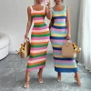 women's Rainbow Striped Sundress Sleeveless Stretchy Knit Bodycon Maxi Dress Casual Summer Beach Vacation Party Long Dress