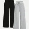 【2-piece set】 Fashionable and versatile girls' black and grey combination knitted fabric loose casual wide-leg pants