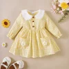 0-3 Year Cute Baby girl Dress Lace Border Doll Collar Yellow Checkered Dress for Toddlers Autumn Dress for Outdoor activities