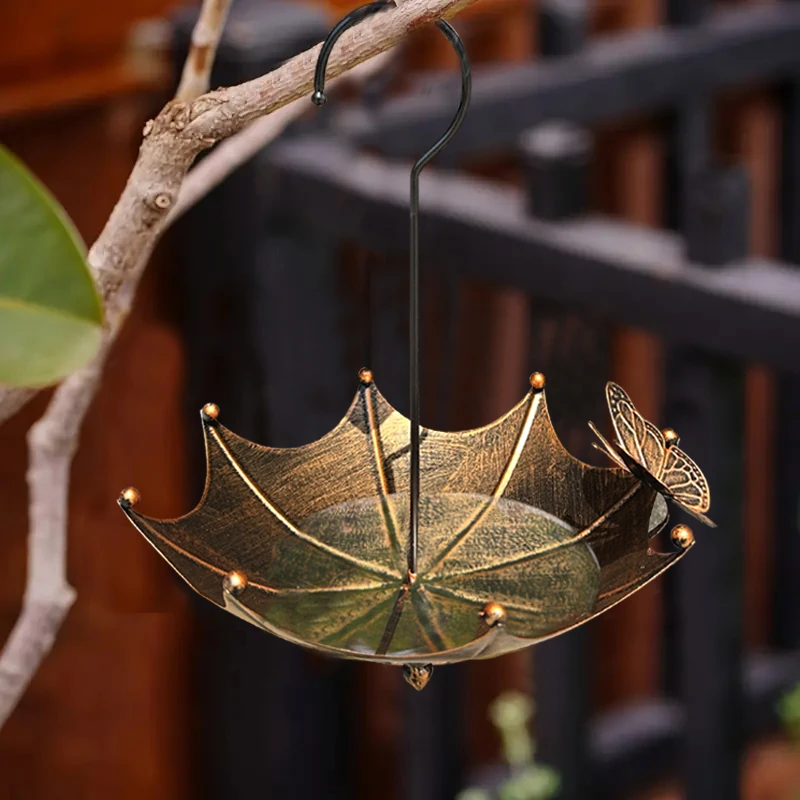 1 Vintage Garden Umbrella-Shaped Bird Feeder with Butterflies, Outdoor Hanging Bird Bath and Feeder Bowl, Garden Courtyard Decor - Image 4