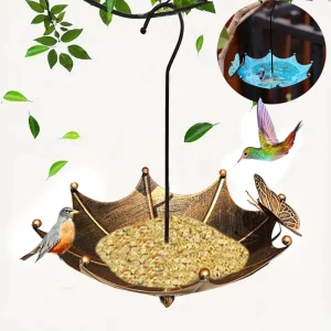 1 Vintage Garden Umbrella-Shaped Bird Feeder with Butterflies, Outdoor Hanging Bird Bath and Feeder Bowl, Garden Courtyard Decor