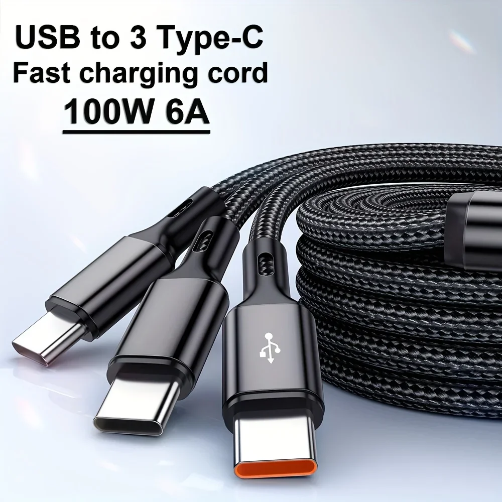 100W 6A USB-A to 3 Type-C Fast Charging Data Cable For Samsung S24 Xiaomi Huawei Android Phone 3 In 1 USB C Data Transfer Cord - Image 3