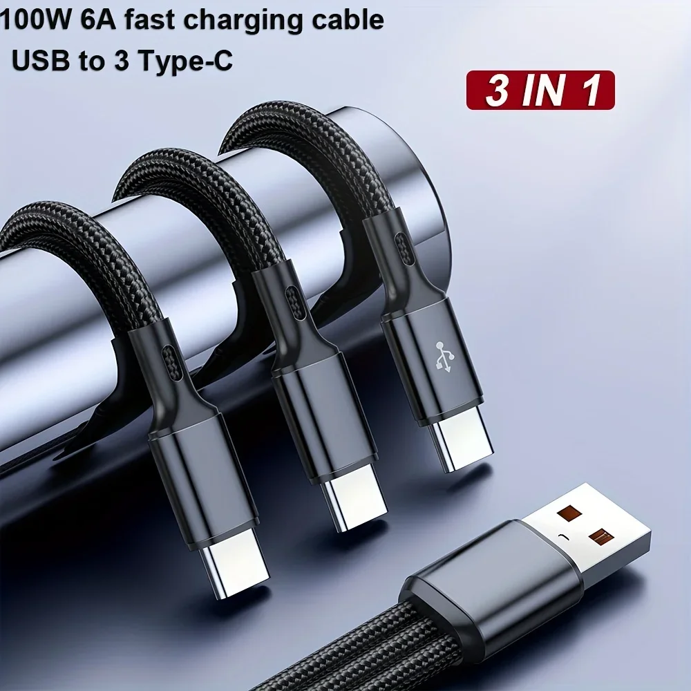100W 6A USB-A to 3 Type-C Fast Charging Data Cable For Samsung S24 Xiaomi Huawei Android Phone 3 In 1 USB C Data Transfer Cord - Image 4