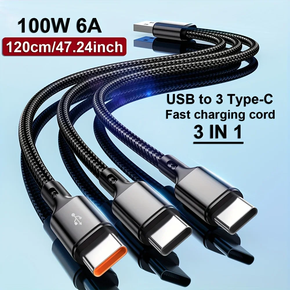 100W 6A USB-A to 3 Type-C Fast Charging Data Cable For Samsung S24 Xiaomi Huawei Android Phone 3 In 1 USB C Data Transfer Cord