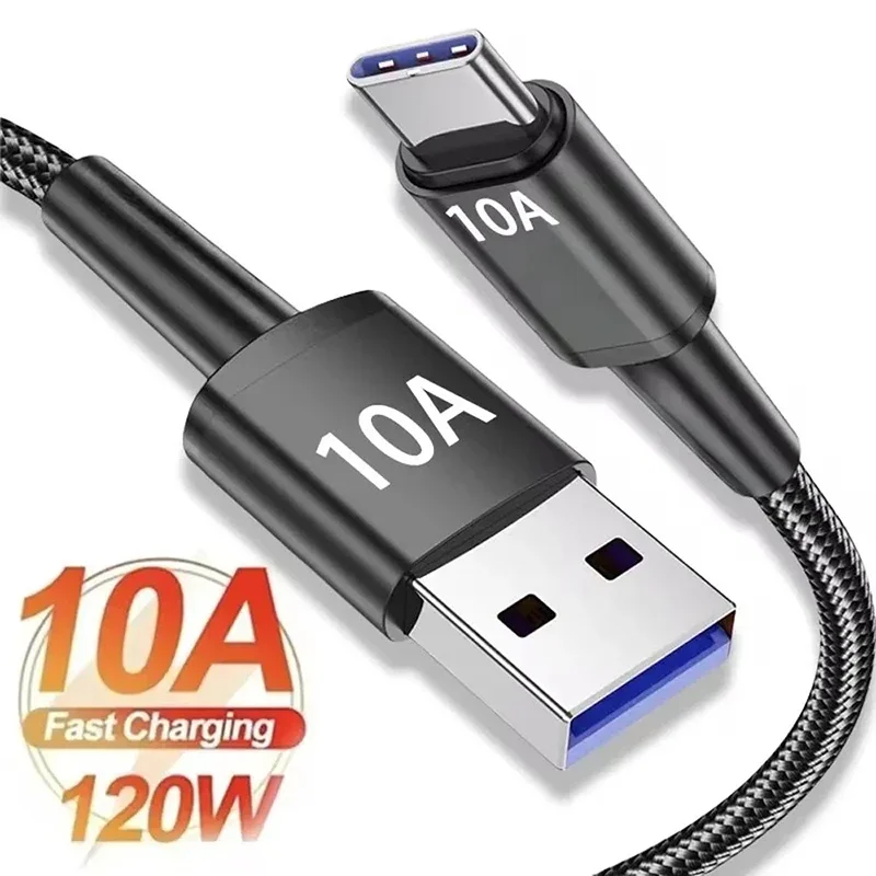 10A Cable 120W Super Fast Charge Cable USB A to Type C Data Cord Knit Cable For Xiaomi POCO Samsung iPhone Quick Charging Cable
