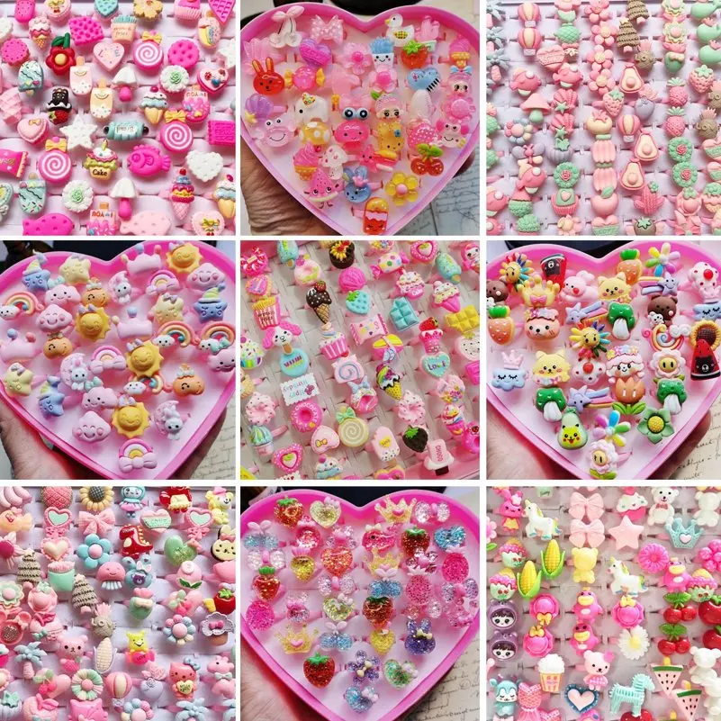 10pcs/Lot Mix Styles Children's Cartoon Rings Colorful Flower Opening Finger Ring Kids Girls Resin Jewelry Party Gift Wholesale - Image 2