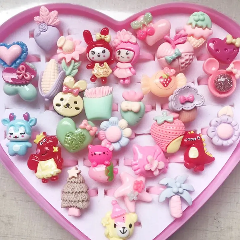 10pcs/Lot Mix Styles Children's Cartoon Rings Colorful Flower Opening Finger Ring Kids Girls Resin Jewelry Party Gift Wholesale - Image 3