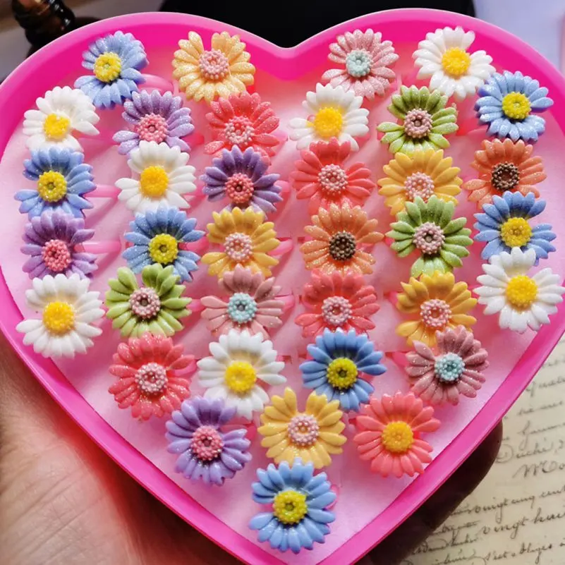 10pcs/Lot Mix Styles Children's Cartoon Rings Colorful Flower Opening Finger Ring Kids Girls Resin Jewelry Party Gift Wholesale - Image 5