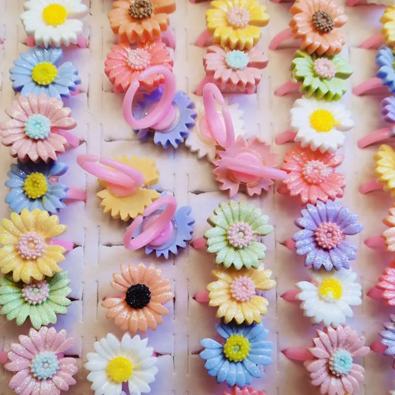 10pcs/Lot Mix Styles Children's Cartoon Rings Colorful Flower Opening Finger Ring Kids Girls Resin Jewelry Party Gift Wholesale - Image 6
