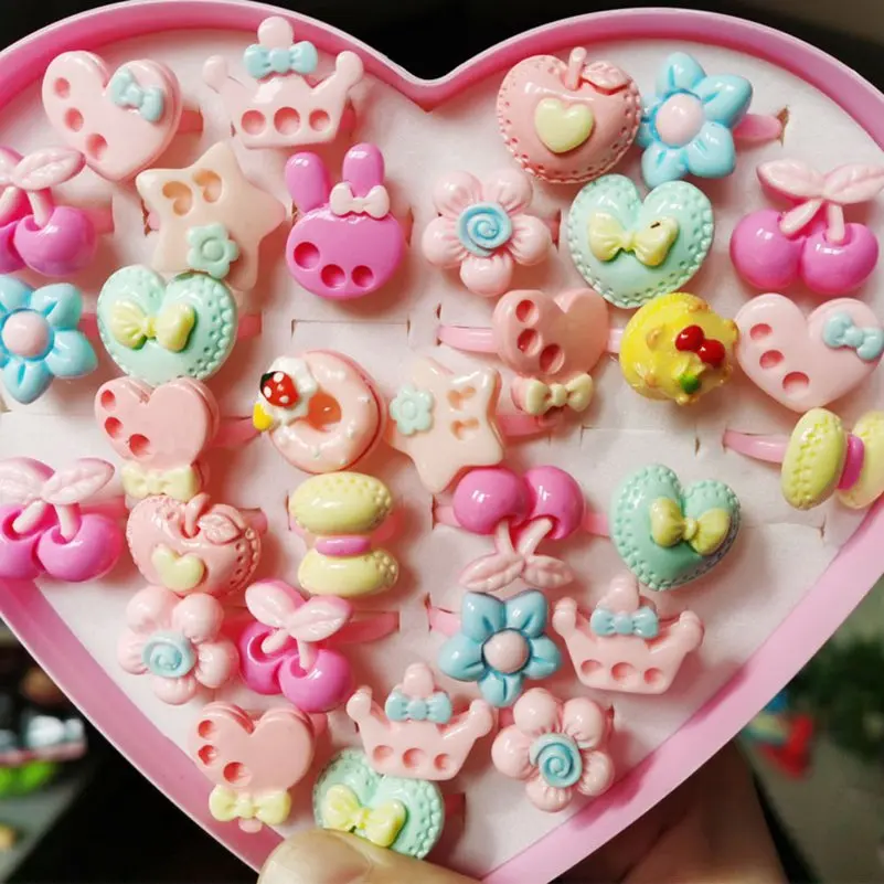 10pcs/Lot Mix Styles Children's Cartoon Rings Colorful Flower Opening Finger Ring Kids Girls Resin Jewelry Party Gift Wholesale
