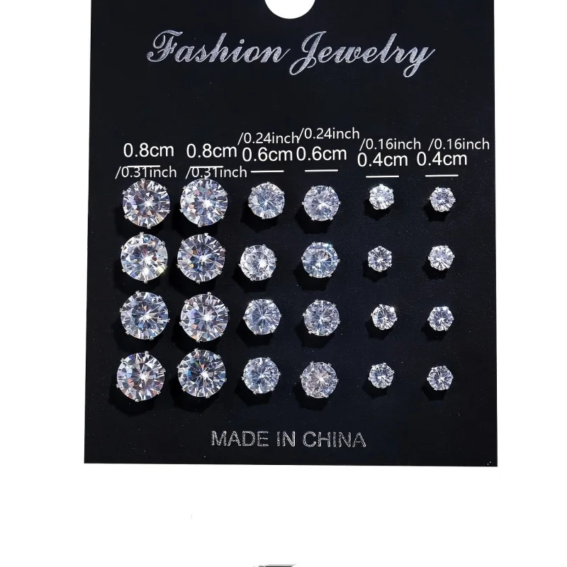 12 Pairs Six Claw Zircon Earrings Set Geometric White Shiny Crystal Wedding Stud Earrings Set for Women Men Jewelry Accessories - Image 2