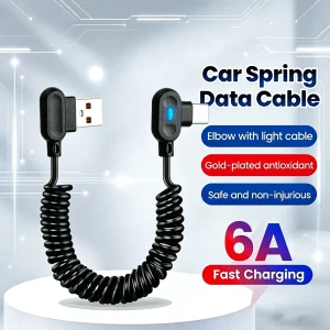 120W 6A Short Spring Elbow Pull Telescopic Data Cable USB C To Type C Fast Charging Cable For Samsung Huawei Xiaomi Phone Game