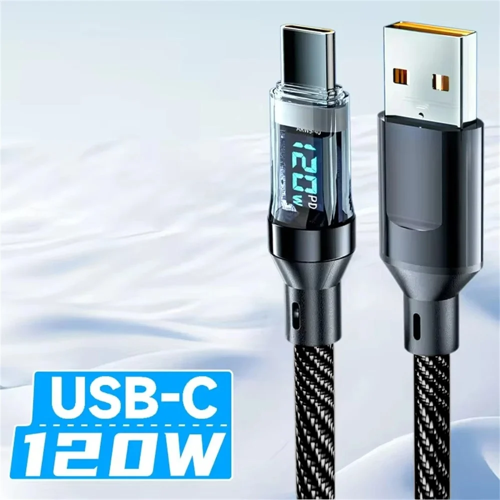 120W USB Type C Cable Super Fast Charging Cable With LED Display 100W PD Type-C Data Cord For Universal USB Charging USB C Cable