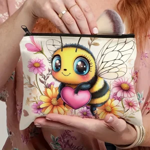 1pc Cute Bee & Floral Design Makeup Bag - Vibrant Cosmetic Storage Pouch,Ideal for Travel, Business, Fitness, Small Cosmetic Ba