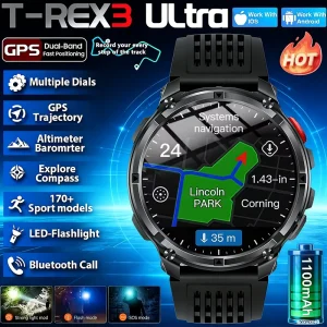 2026 New T-Rex3 Pro 1100mAh Battery Smart Watch GPS path 5ATM Waterproof Sports Run tracker Outdoors Compass Military Smartwatch