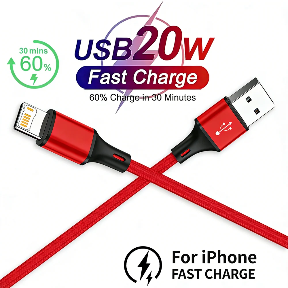 20W USB Fast Charging Braided Cable For iPhone 11 12 13 Mini 14 Pro Max X XR XS 6 6S 7 8 Plus Quick Charge USB Data Nylon Cables - Image 3