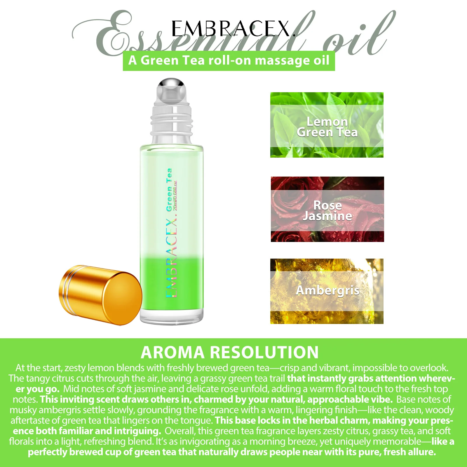 20ml Green Tea Roller Essential Oil Perfumes Fragrance oil Fragrance diffuser oil Holiday gifts soap making oils Stay awake oil - Image 4