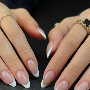 24pcs Long Almond Fake Nails White French Press on Nails Simple Full Cover Detachable Nail Tips