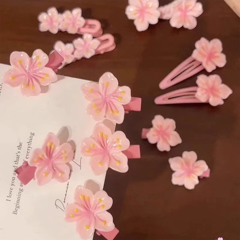 2/5PC Children's Headdress Cherry Blossom Hair Clip Pink Sakura BB Side Clip High Elasticity Hair Rope Hair Access Headdress - Image 2