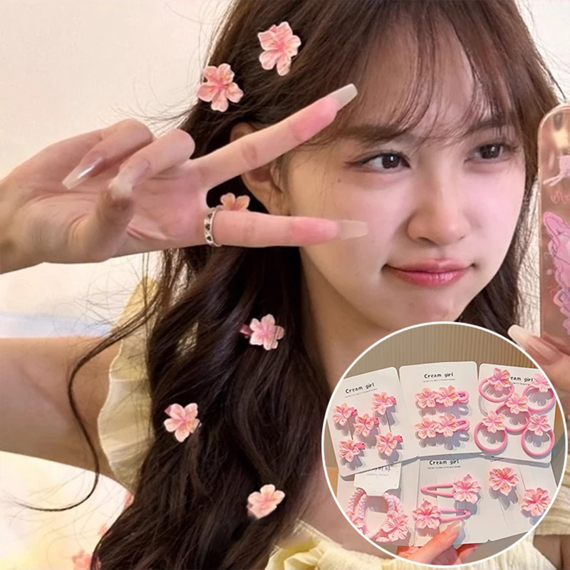 2/5PC Children's Headdress Cherry Blossom Hair Clip Pink Sakura BB Side Clip High Elasticity Hair Rope Hair Access Headdress - Image 3