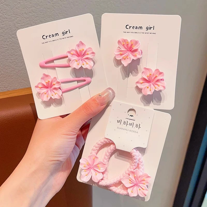 2/5PC Children's Headdress Cherry Blossom Hair Clip Pink Sakura BB Side Clip High Elasticity Hair Rope Hair Access Headdress - Image 5