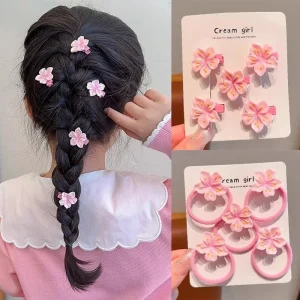 2/5PC Children's Headdress Cherry Blossom Hair Clip Pink Sakura BB Side Clip High Elasticity Hair Rope Hair Access Headdress