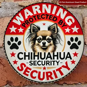 2D Flat-One-Piece Round Aluminum Security Sign in 2D Flat Design, Featuring Rustic Metal Wall Art with a Chihuahua And Stars