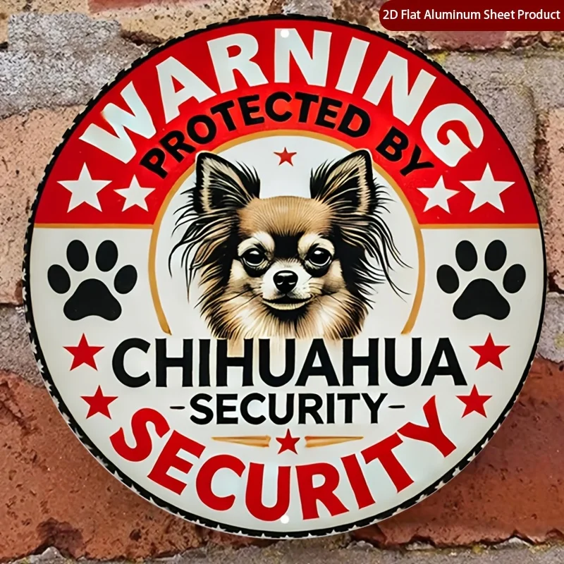 2D Flat-One-Piece Round Aluminum Security Sign in 2D Flat Design, Featuring Rustic Metal Wall Art with a Chihuahua And Stars