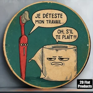 2D Flat Vintage Funny Bathroom Wooden Sign, Retro French Humor Toothbrush Toilet Paper Round Plaque, Aesthetic Restroom Wall Art