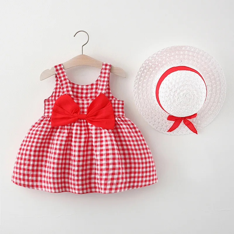 2Pcs/Set Baby Girl Plaid Sweet Bow Summer Birthday Party Dress Toddler Kids Outfits 0 To 3 Years Children Clothes Suit + Hat - Image 2
