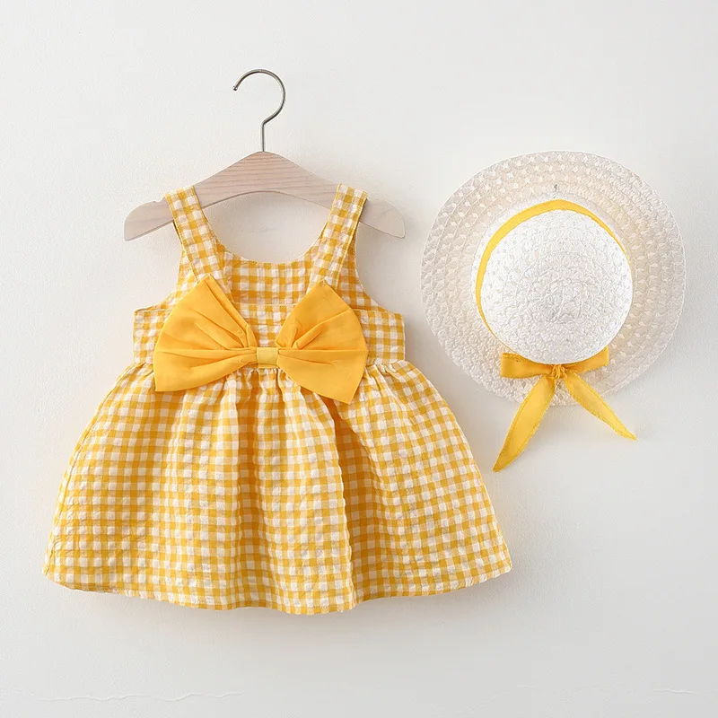 2Pcs/Set Baby Girl Plaid Sweet Bow Summer Birthday Party Dress Toddler Kids Outfits 0 To 3 Years Children Clothes Suit + Hat - Image 3