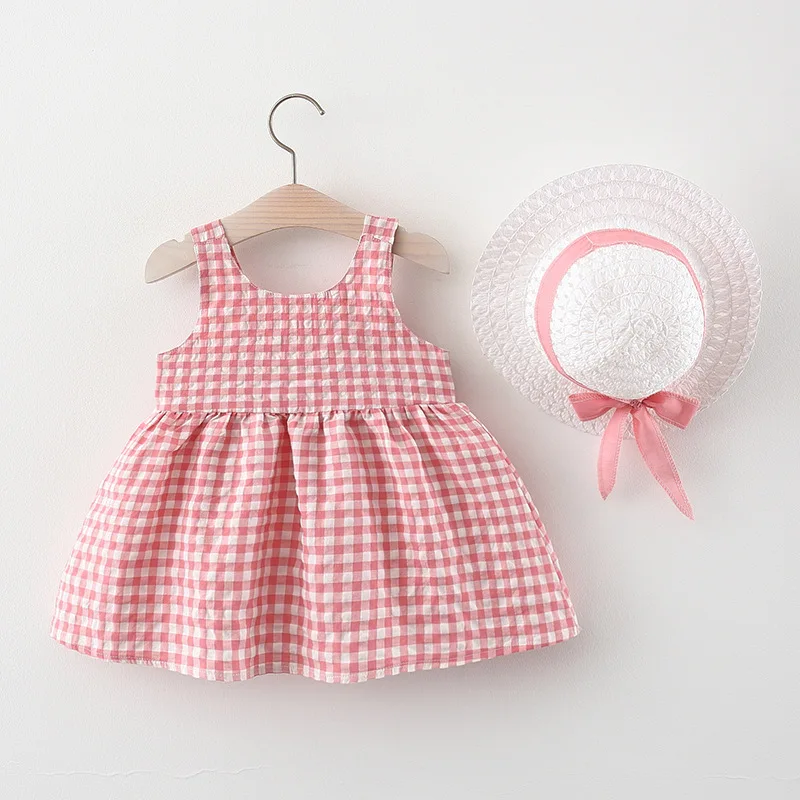 2Pcs/Set Baby Girl Plaid Sweet Bow Summer Birthday Party Dress Toddler Kids Outfits 0 To 3 Years Children Clothes Suit + Hat - Image 4