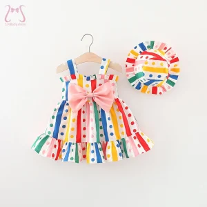 2Pcs/Set Colorful Baby Girl Birthday Party Princess Evening Dress Polka Dot Bow Knot Children Clothes 0 to 3 Years Kids + Hat