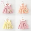2Pcs/Set Toddler Girl Plaid Dresses Love Lapel Sleeveless Cotton Baby Children Clothes Summer Kids Costume 0 To 3 Years + Bag