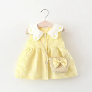 2Pcs/Set Toddler Girl Plaid Dresses Love Lapel Sleeveless Cotton Baby Children Clothes Summer Kids Costume 0 To 3 Years + Bag