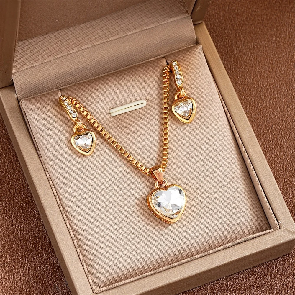 3 Pcs Heart Pendant Jewelry Set Of Earring Pendant Necklace For Women Exquisite Fashion Rhinestone Double Heart Jewelry Set Gift - Image 4