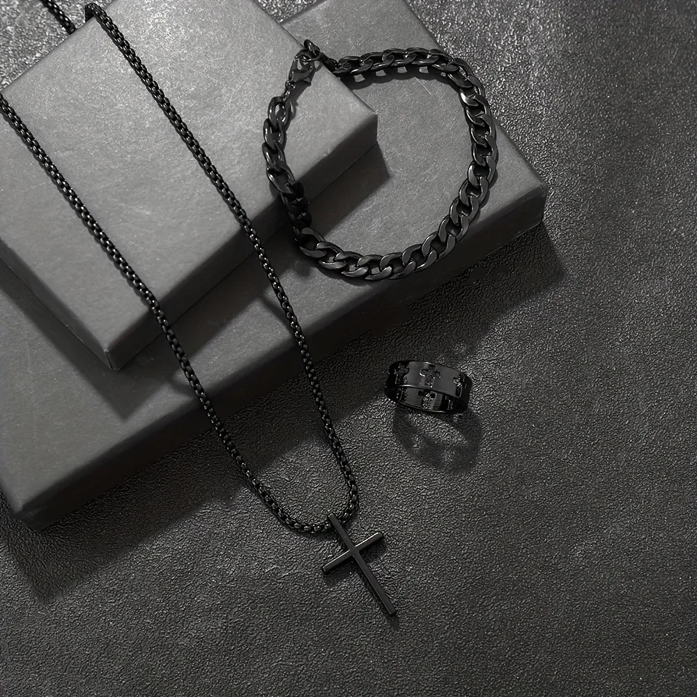 3 Pieces Cross-Style Accessories Set Bracelet Necklace Ring Stainless Steel Elegant Suitable Both Men Women Fashionable Gift Se - Image 2