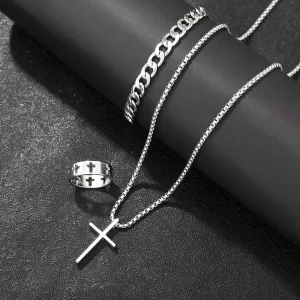 3 Pieces Cross-Style Accessories Set Bracelet Necklace Ring Stainless Steel Elegant Suitable Both Men Women Fashionable Gift Se