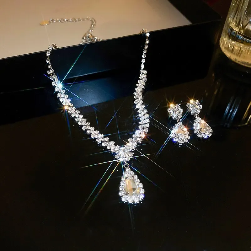 3 Pieces Of Fashionable Women's Water Drop Necklaces And Earrings Set For Wedding Season, Banquet And Party Accessories-2910 - Image 2