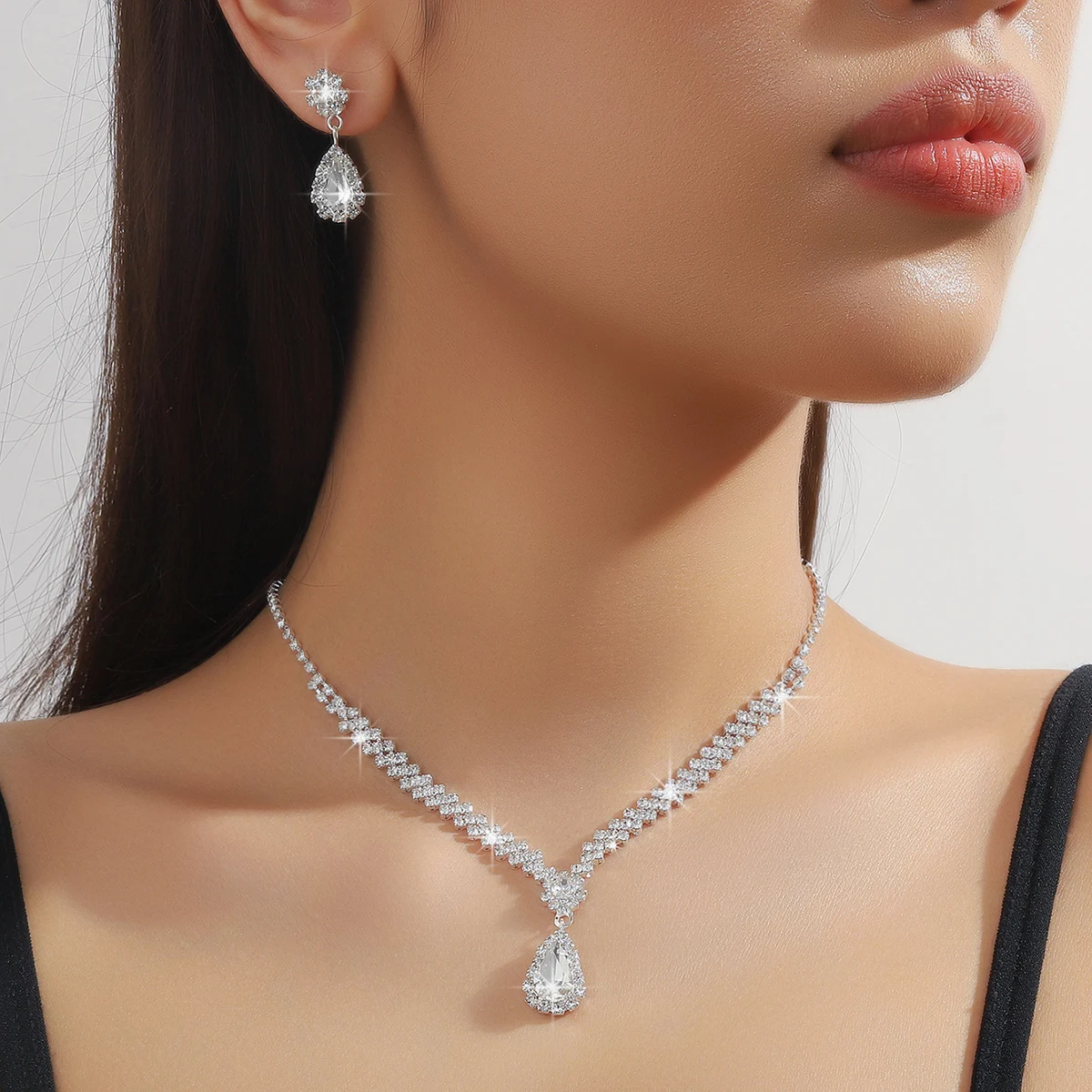 3 Pieces Of Fashionable Women's Water Drop Necklaces And Earrings Set For Wedding Season, Banquet And Party Accessories-2910 - Image 3