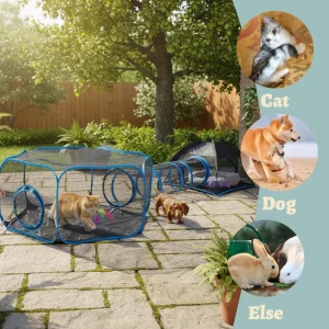 3-in-1 Portable Mesh Pet Fence Playhouse Multi-Animal Cage with Tunnel Indoor Outdoor Easy Setup for Cats And Small Animals